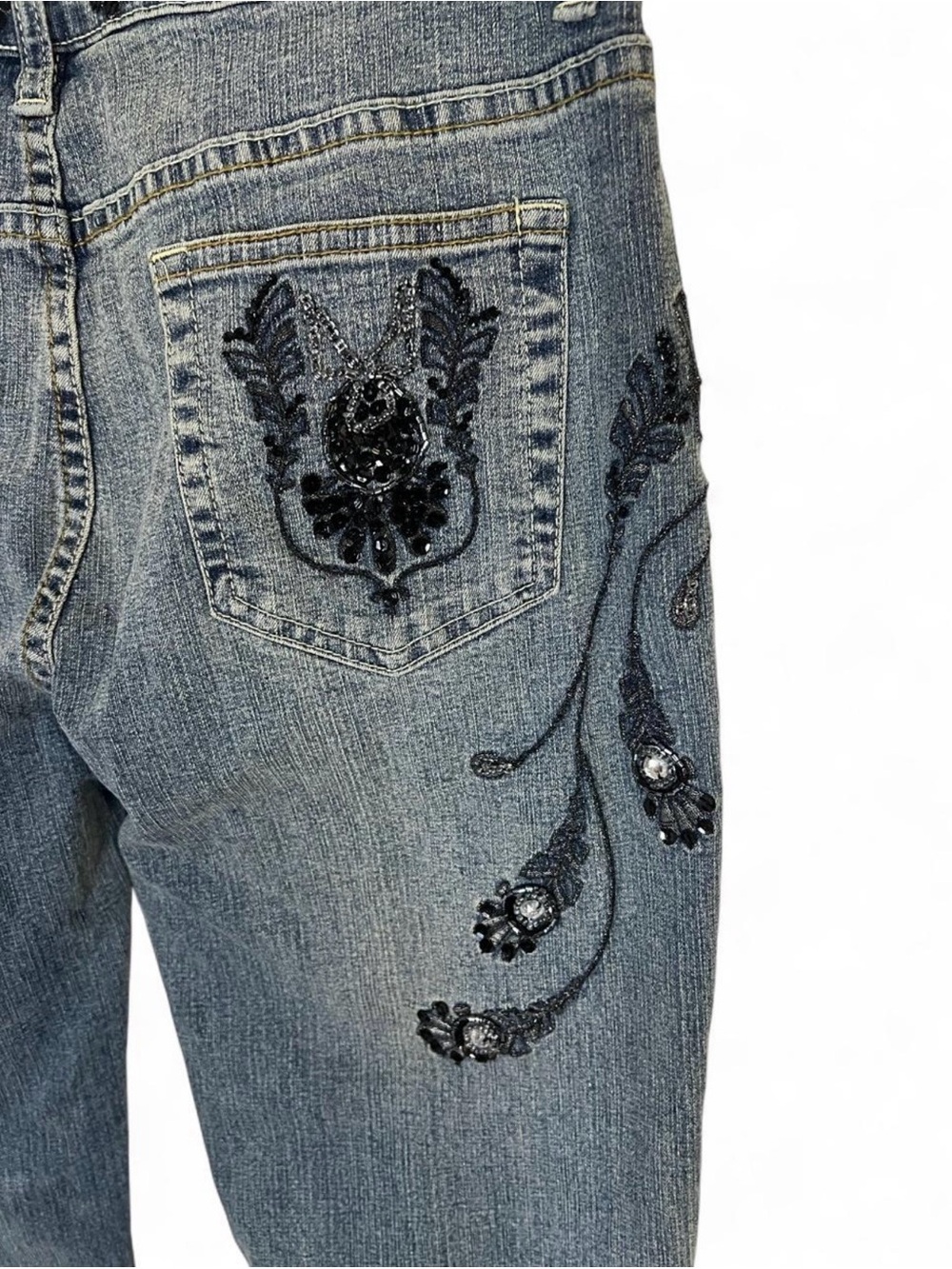 Relaxed Blue Women’s Jeans with Black Embroidered & Beaded Detail